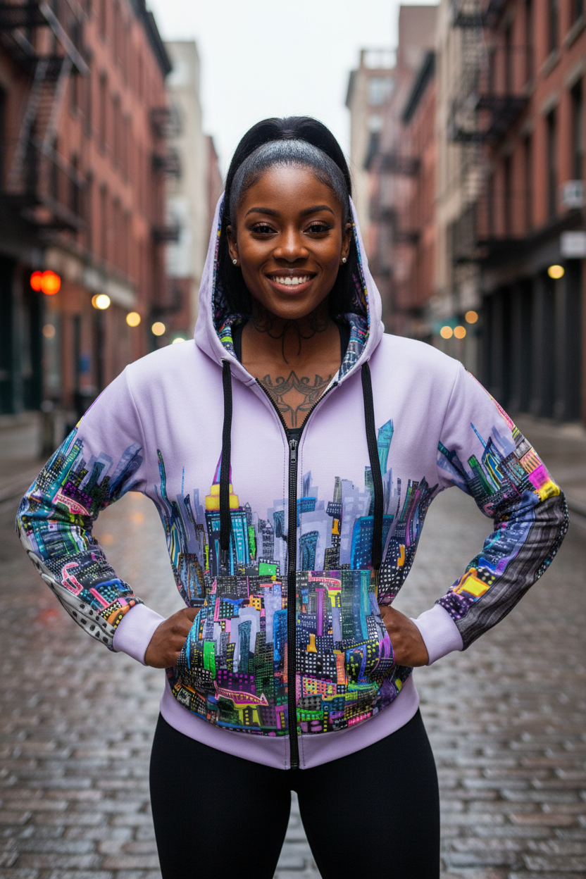 Women wearing a colorful Loria NYC Art hoodie with cityscape design in an urban setting 