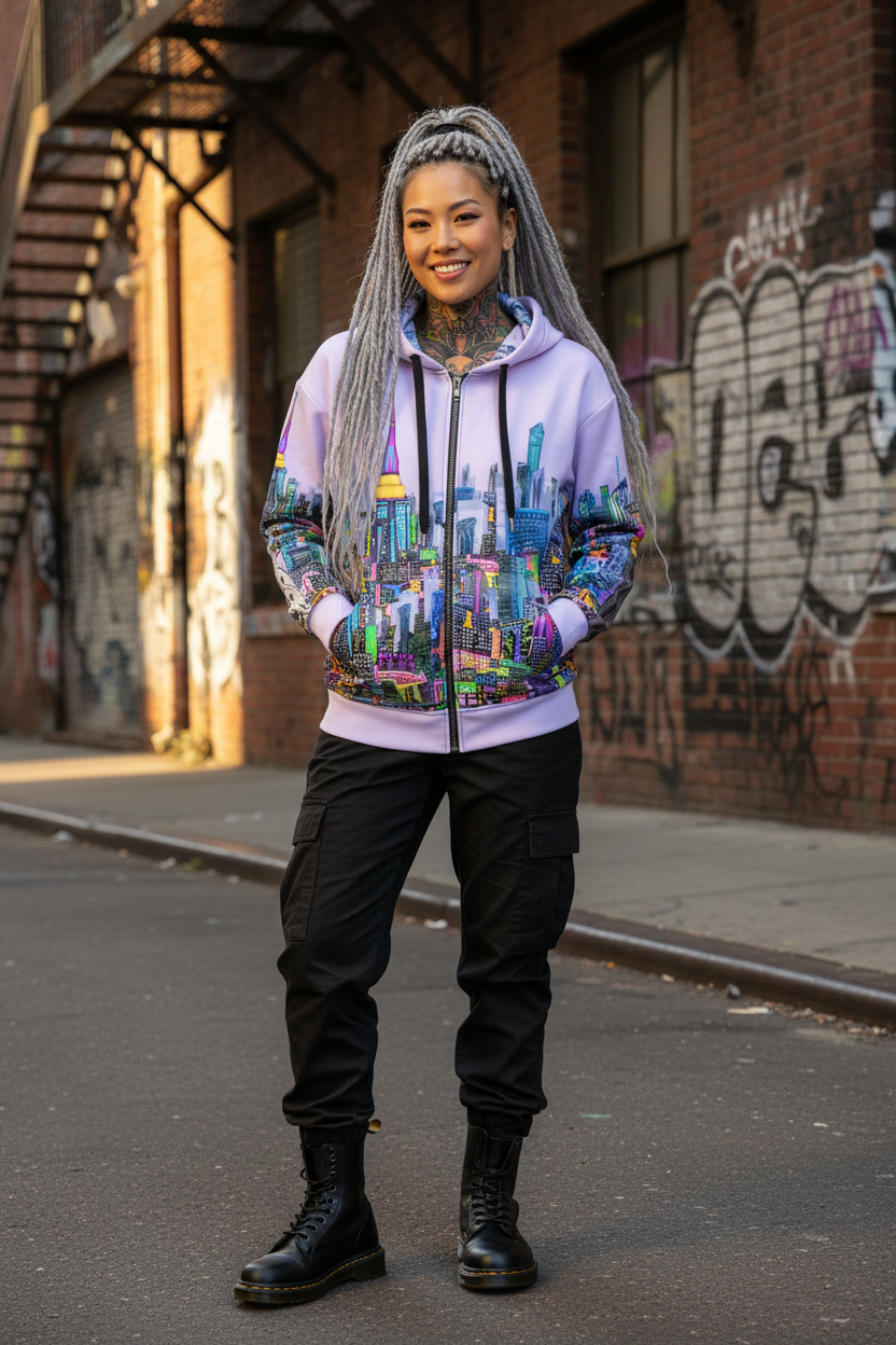 Person wearing a colorful Loria NYC Art hoodie with a cityscape design, standing on a street with graffiti in the background.