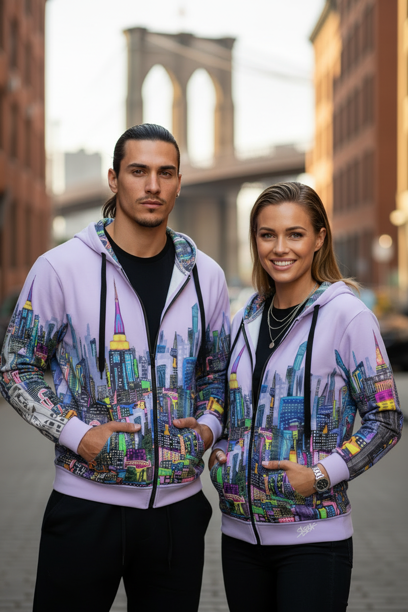 Two people wearing colorful Loria NYC Art cityscape hoodies standing in an urban setting with a bridge in the background.