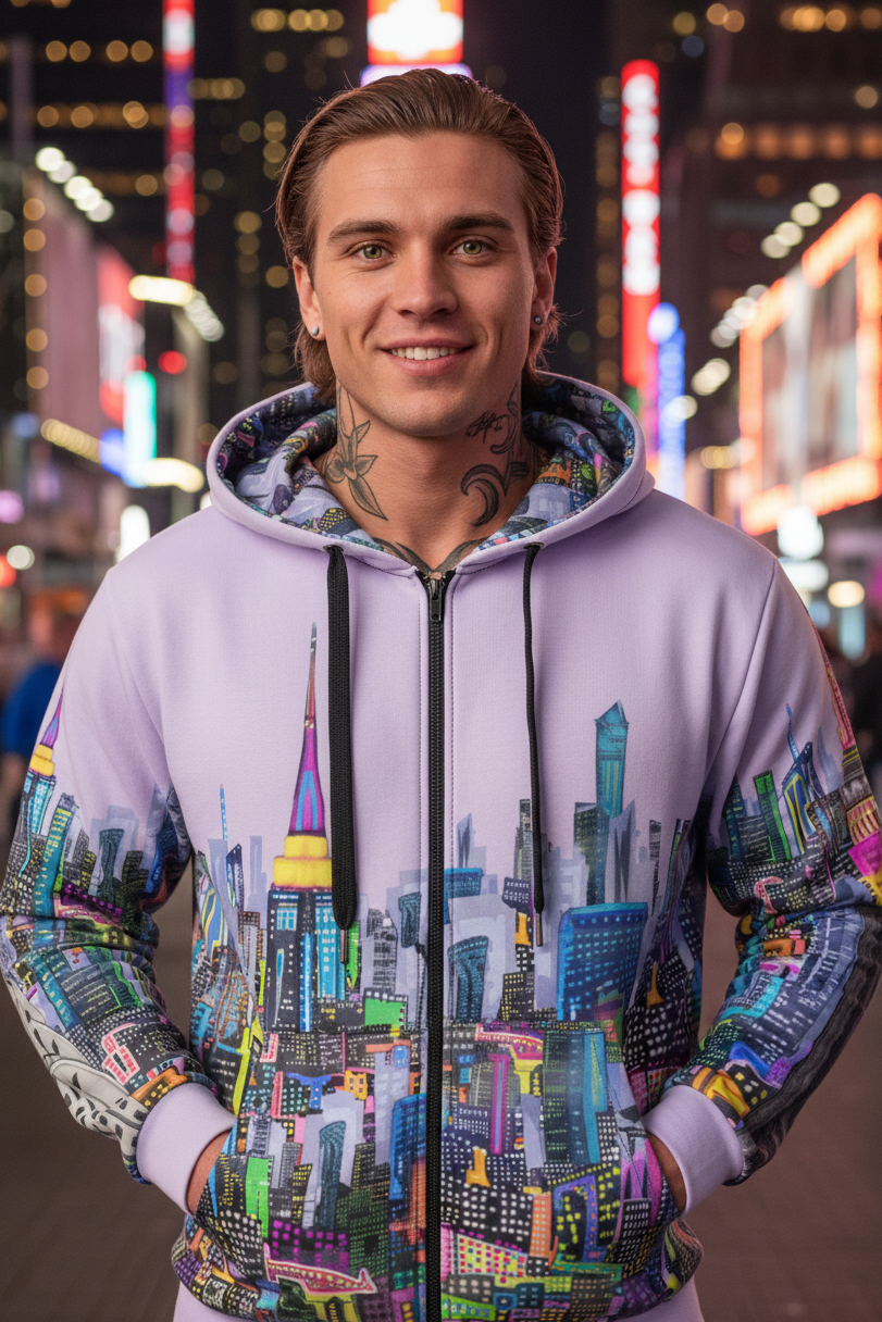 Person wearing a hoodie with a Loria NYC Art cityscape design in an urban setting with lights.