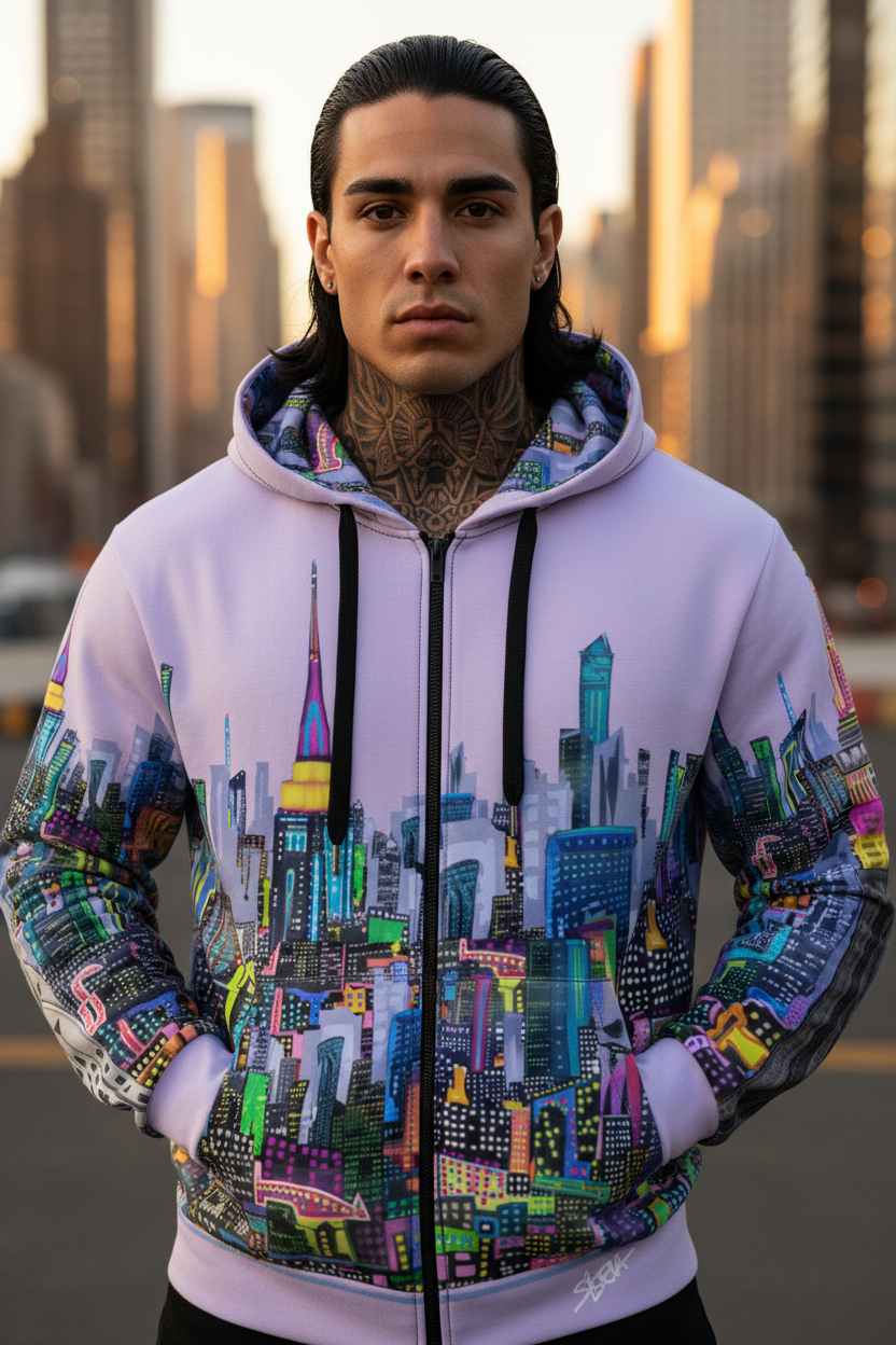 Person wearing a hoodie with a colorful cityscape Loria NYC Art design in an urban setting