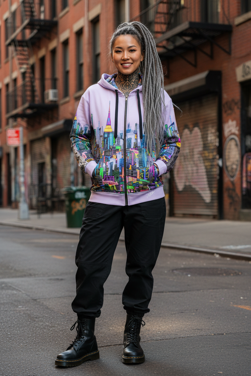 Person wearing a colorful Loria NYC Art hoodie with a cityscape design on a street.