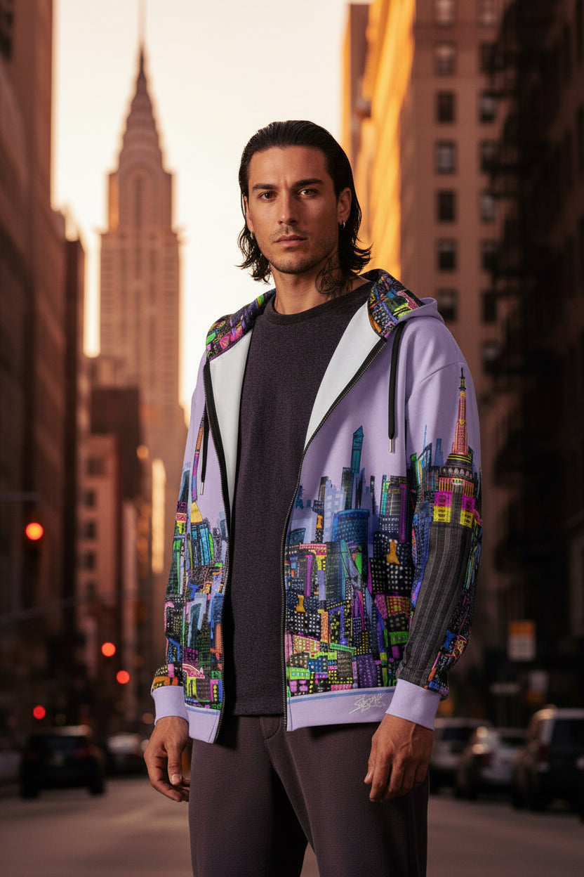Person wearing colorful  Loria NYC Art jacket in a studio setting