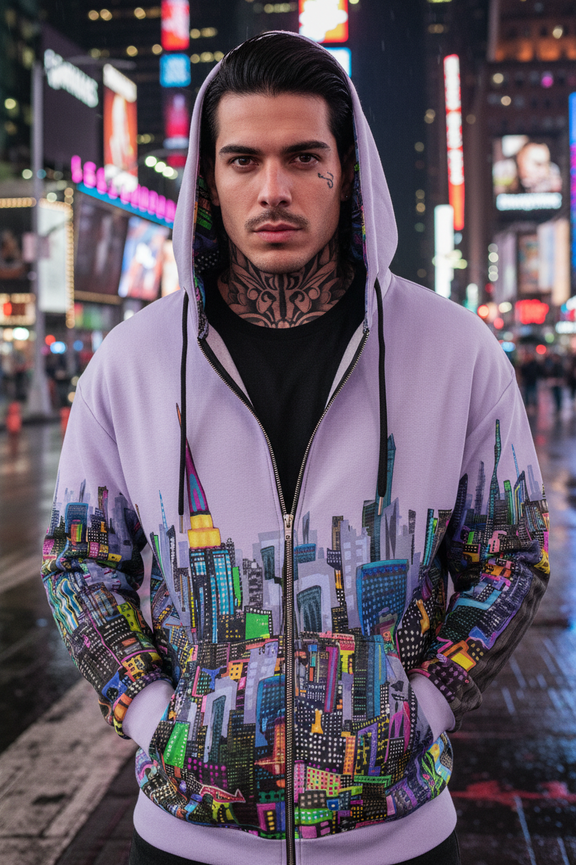 Person wearing a colorful hoodie with cityscape Loria NYC Art design in a neon-lit urban setting