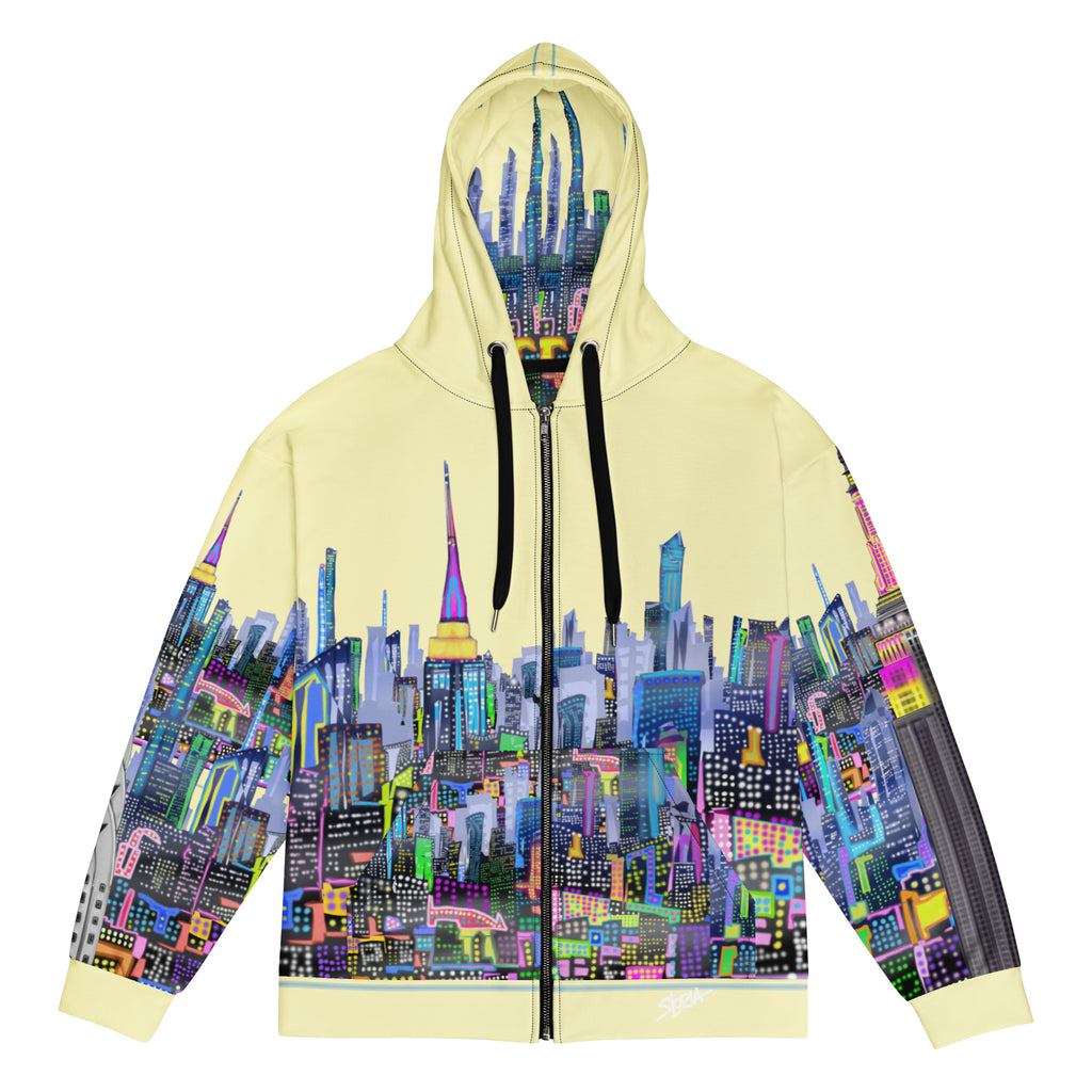 Loria NYC Art colorful cityscape hoodie on a white background 