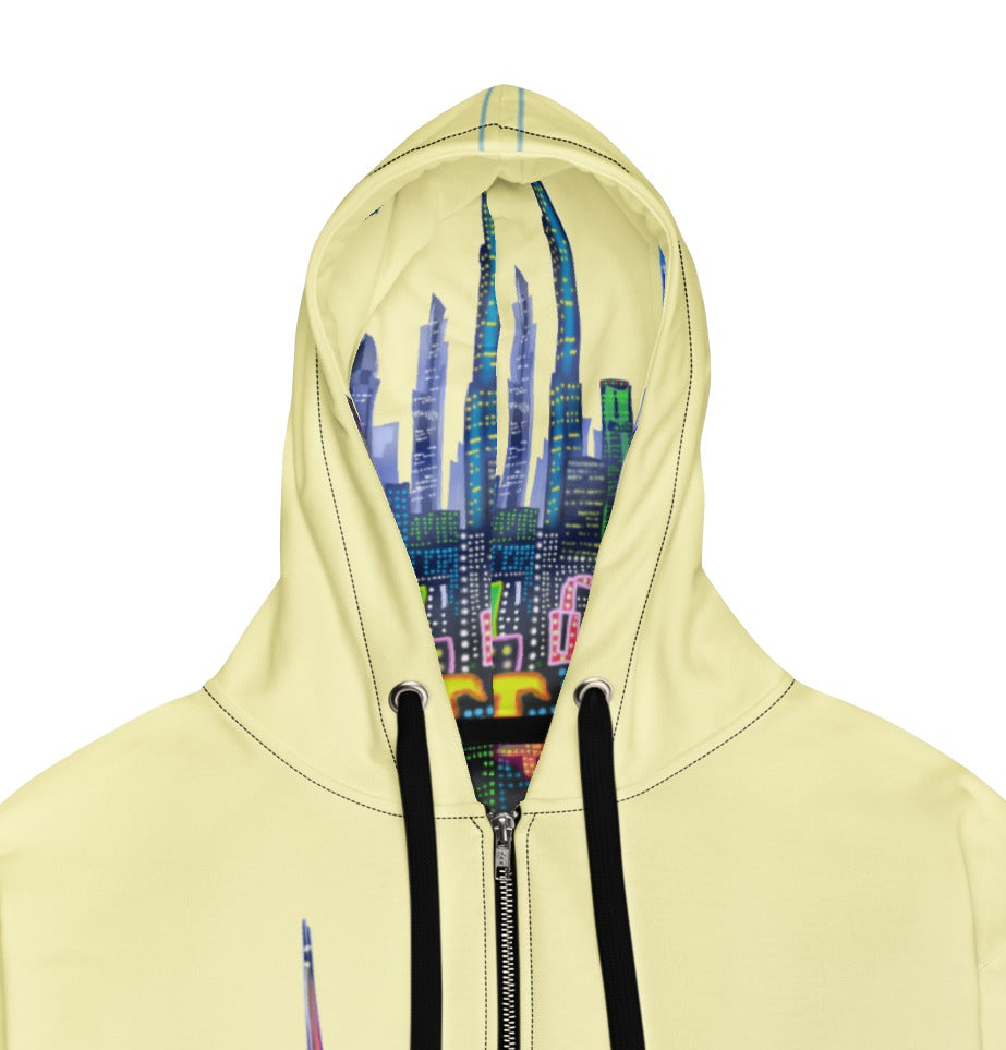 Light yellow hoodie with a Loria NYC Art colorful cityscape design on the hood