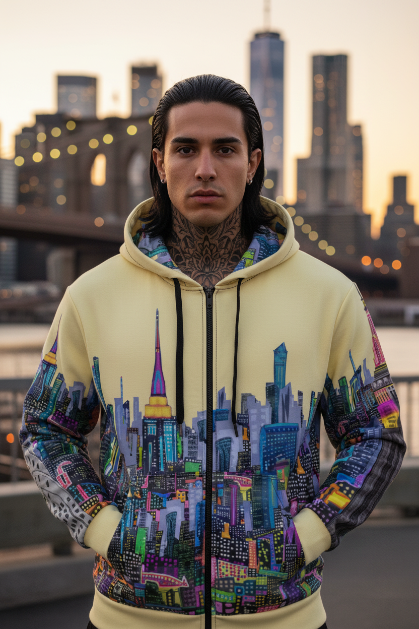 Person wearing a hoodie with a  Loria NYC Art cityscape design against a city skyline backdrop