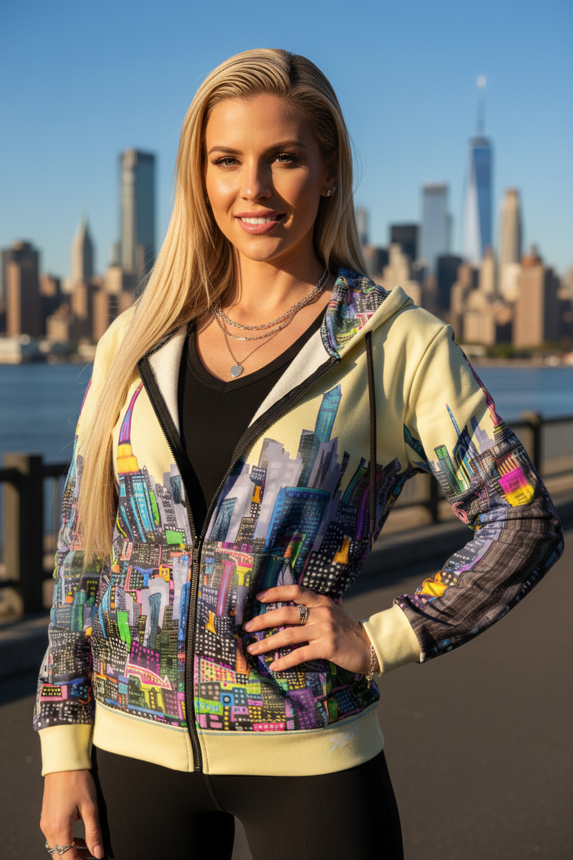 Women wearing a Loria NYC Art hoodie in an outside setting