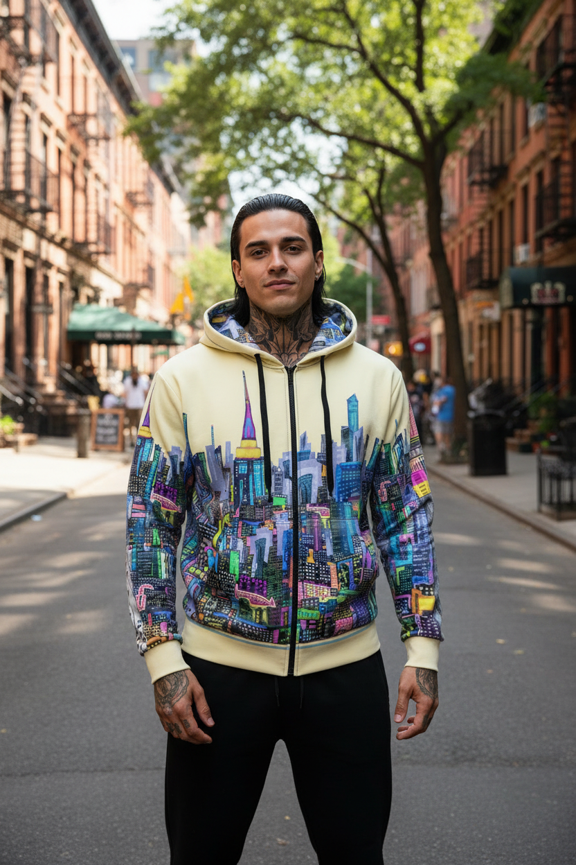 Person wearing a hoodie with a colorful cityscape Loria NYC Art design against a city night skyline.