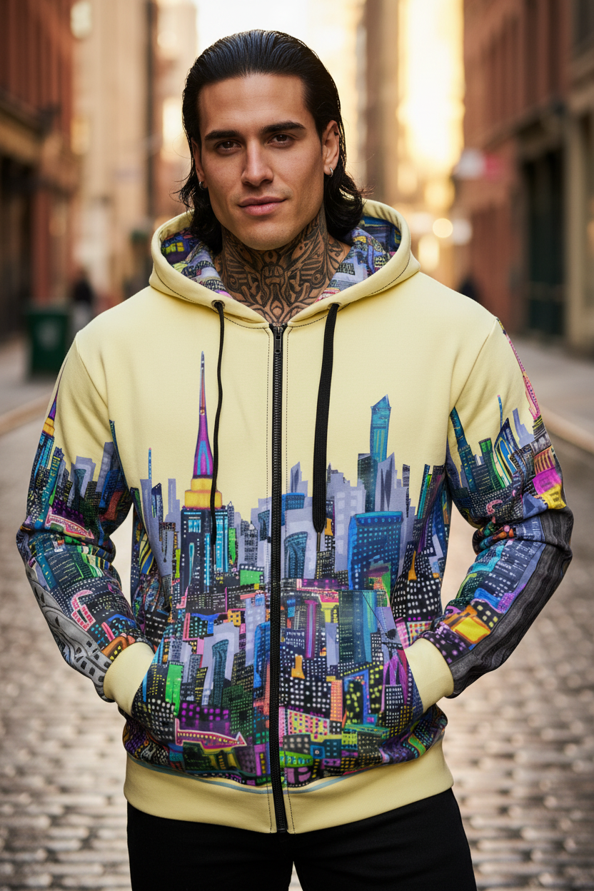 Man wearing a colorful Loria NYC Art cityscape hoodie on a street