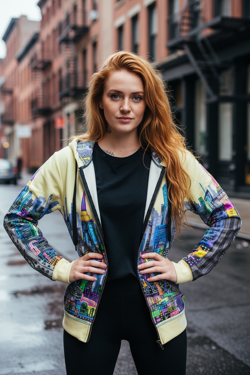 Woman wearing a colorful Loria NYC Art jacket with a cityscape design on a street.