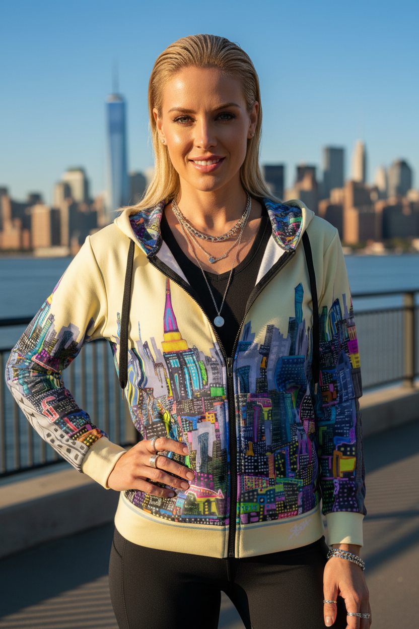 Women in vibrant Loria NYC Art hoodie with sky in background.