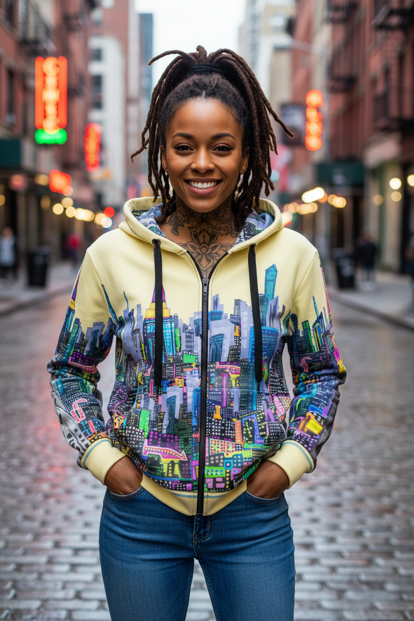 Person wearing a colorful  Loria NYC Art hoodie with a cityscape design on a street.