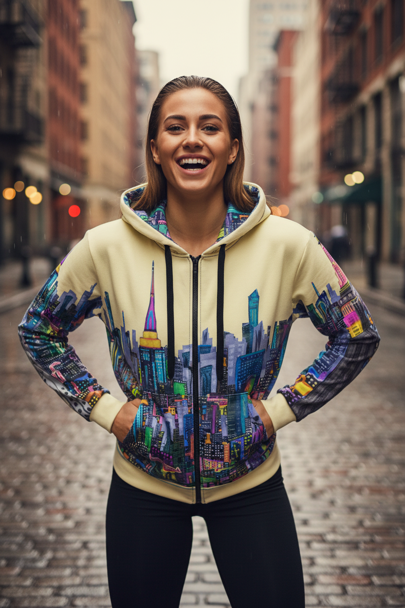 Woman wearing a colorful Loria NYC Art cityscape hoodie on a city street