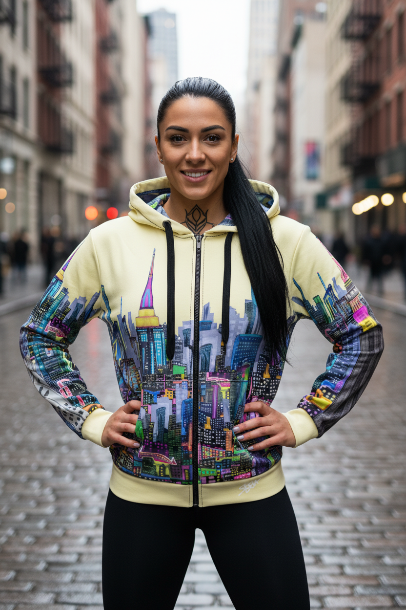Woman wearing a colorful  Loria NYC Art cityscape hoodie on a city street