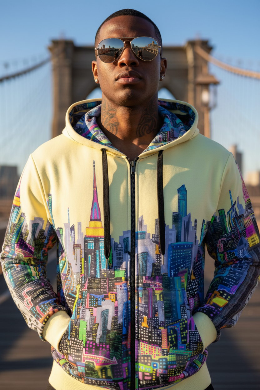 Person wearing a colorful hoodie with cityscape Loria NYC Art design in front of a bridge