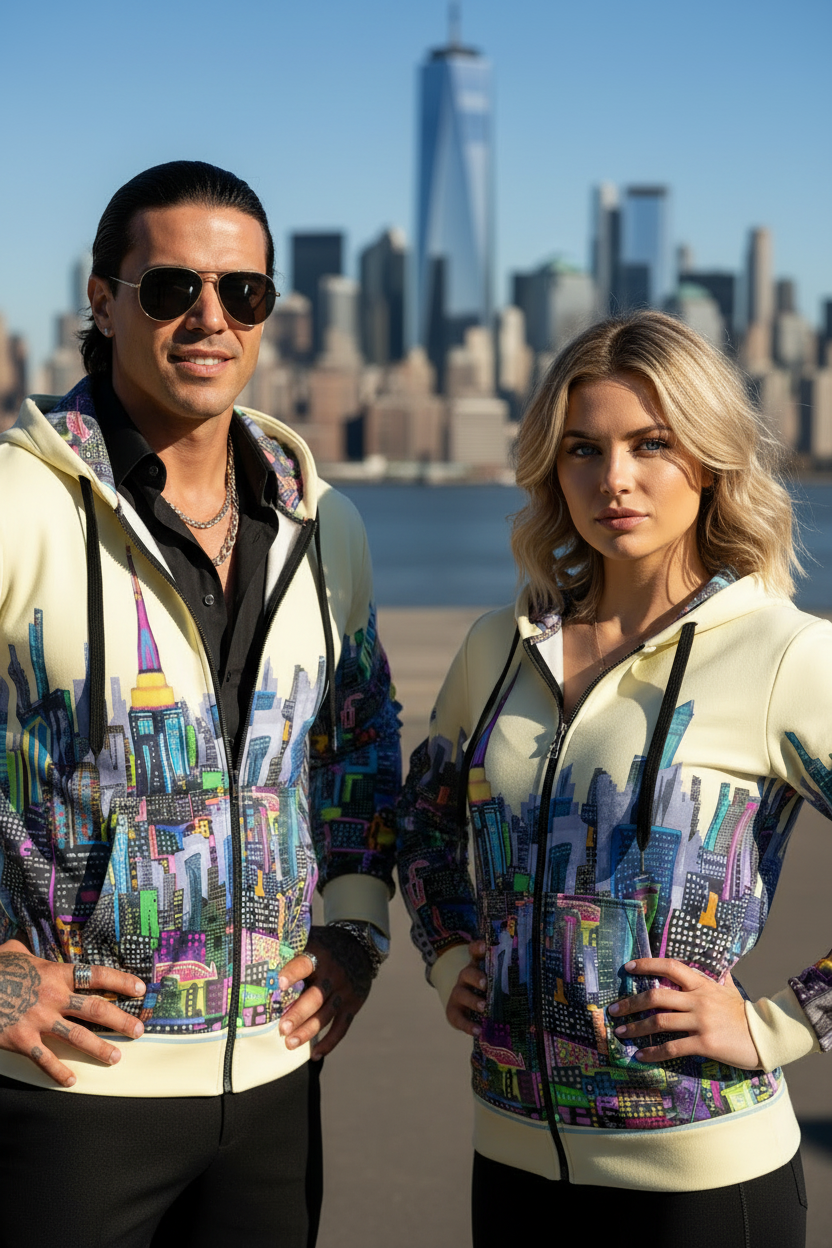 Two people wearing colorful Loria NYC Art hoodies posing outside with skyline in background.