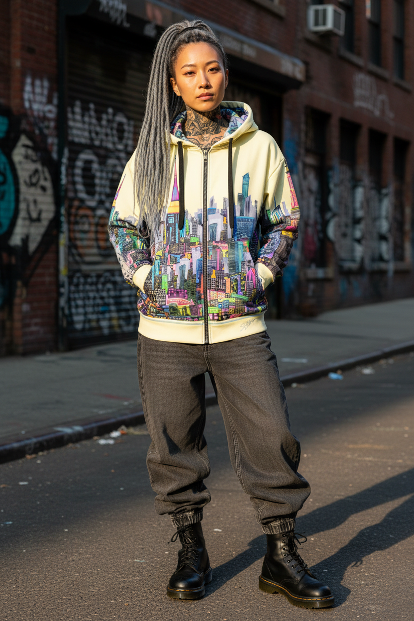 Person wearing a colorful  Loria NYC Art hoodie with a cityscape design on a street with graffiti.