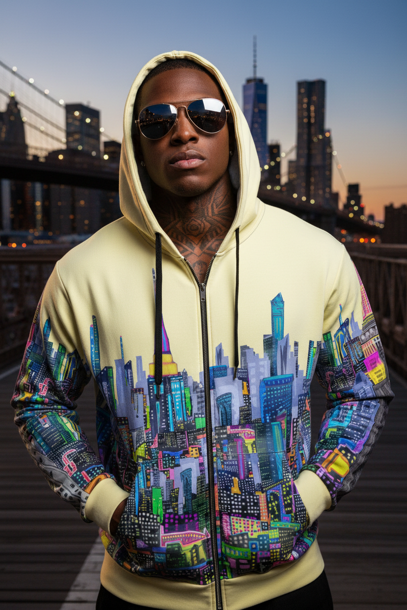 Person wearing a hoodie with a cityscape Loria NYC Art design in an urban setting
