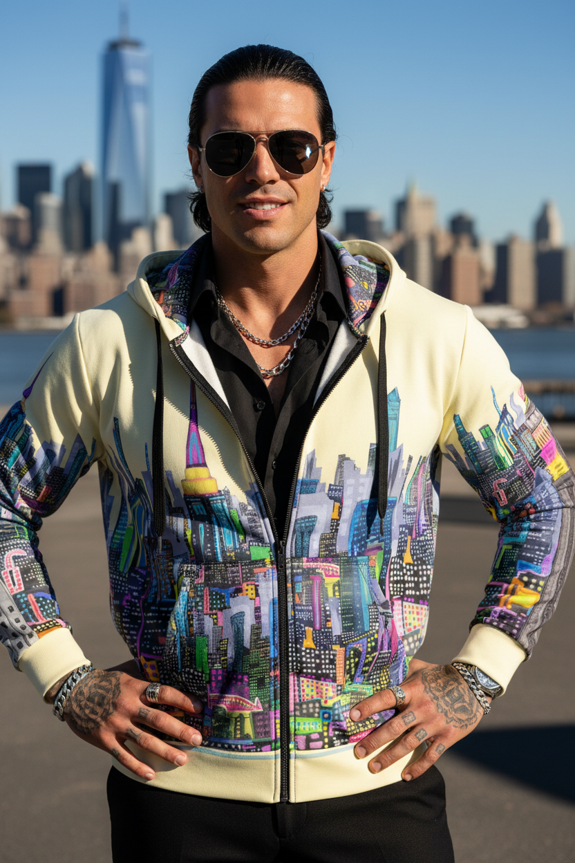 Man wearing a colorful jacket with a cityscape Loria NYC Art design in an urban setting