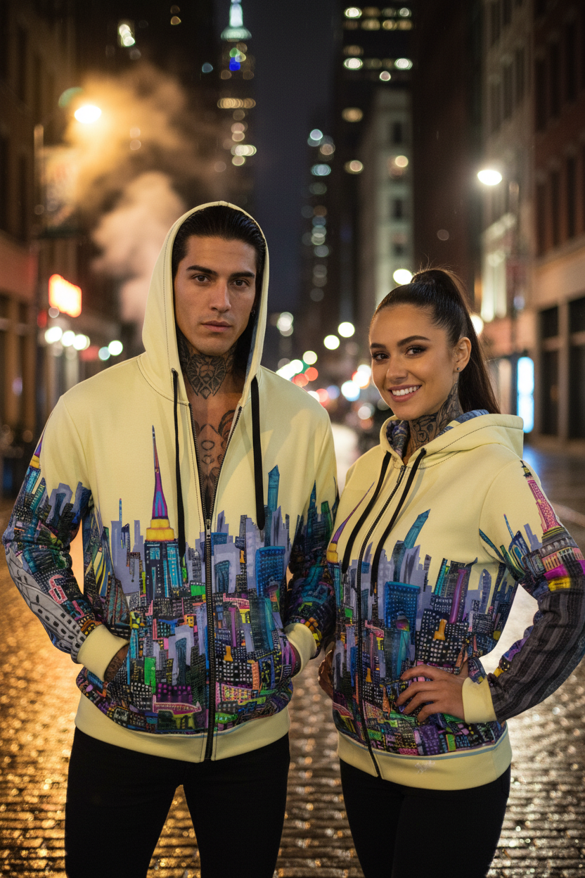 Two people wearing matching  Loria NYC Art hoodies with a cityscape design on a city street at night.