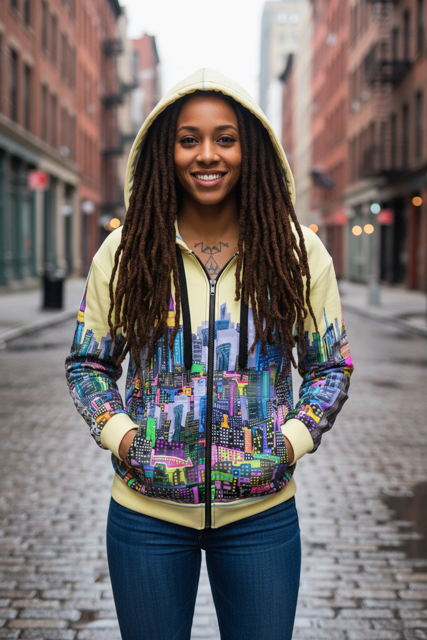 Woman wearing a colorful cityscape  Loria NYC Art hoodie on a city street