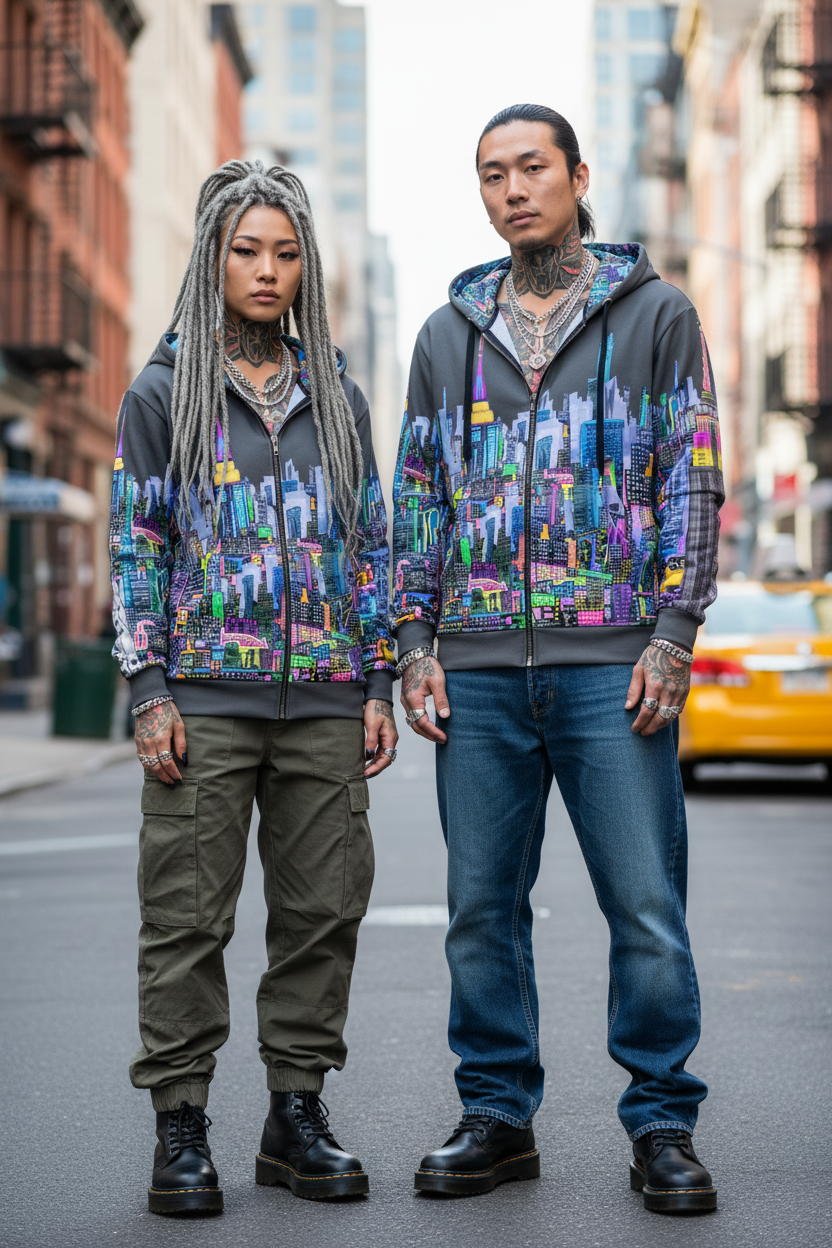 Two people wearing colorful Loria NYC Art hoodies on a city street.
