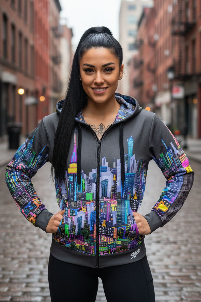 Woman wearing a colorful cityscape Loria NYC Art hoodie on a city street