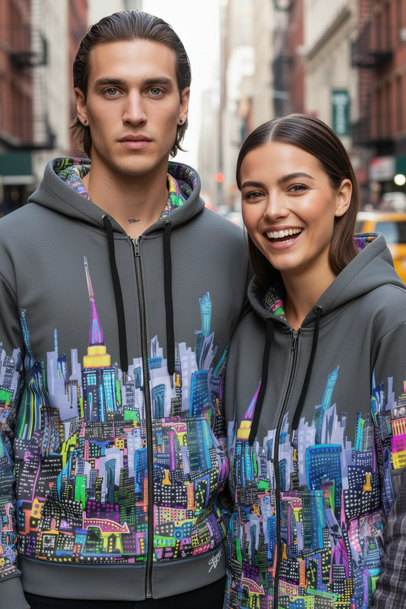 Two people wearing gray hoodies with colorful cityscape Loria NYC Art designs on a city street.