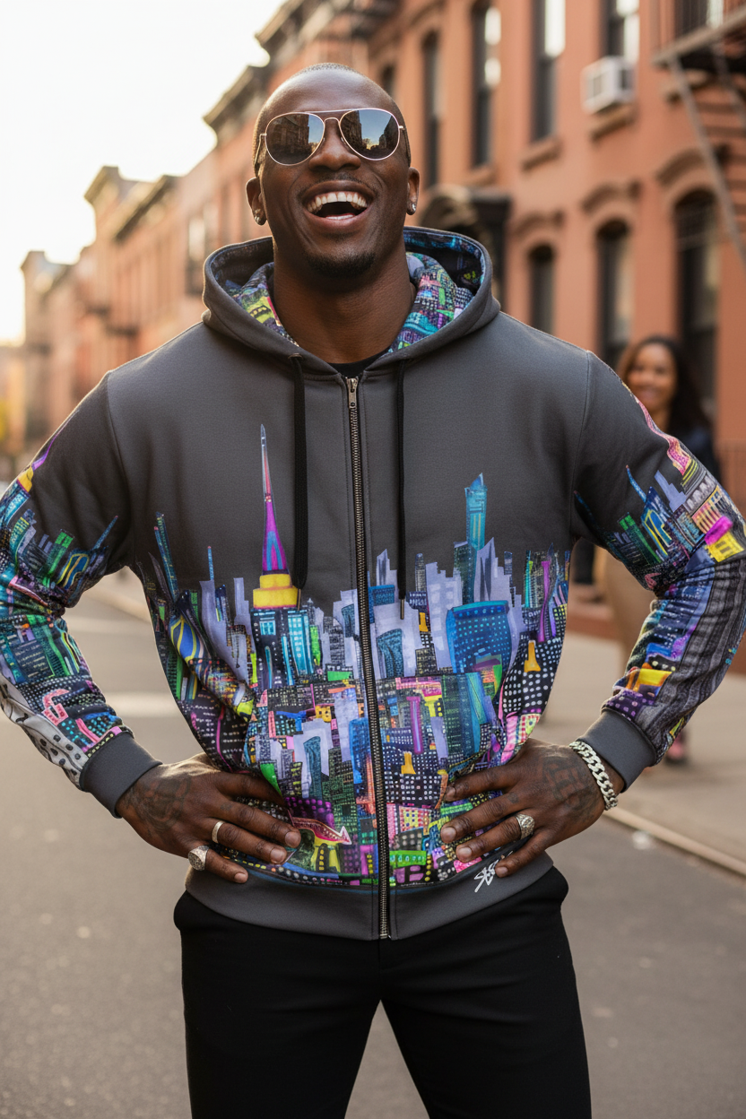 A man wearing a dark gray zip-up hoodie with a vibrant multicolor city skyline Loria NYC Art graphic on the front and sleeves, standing on an urban street.