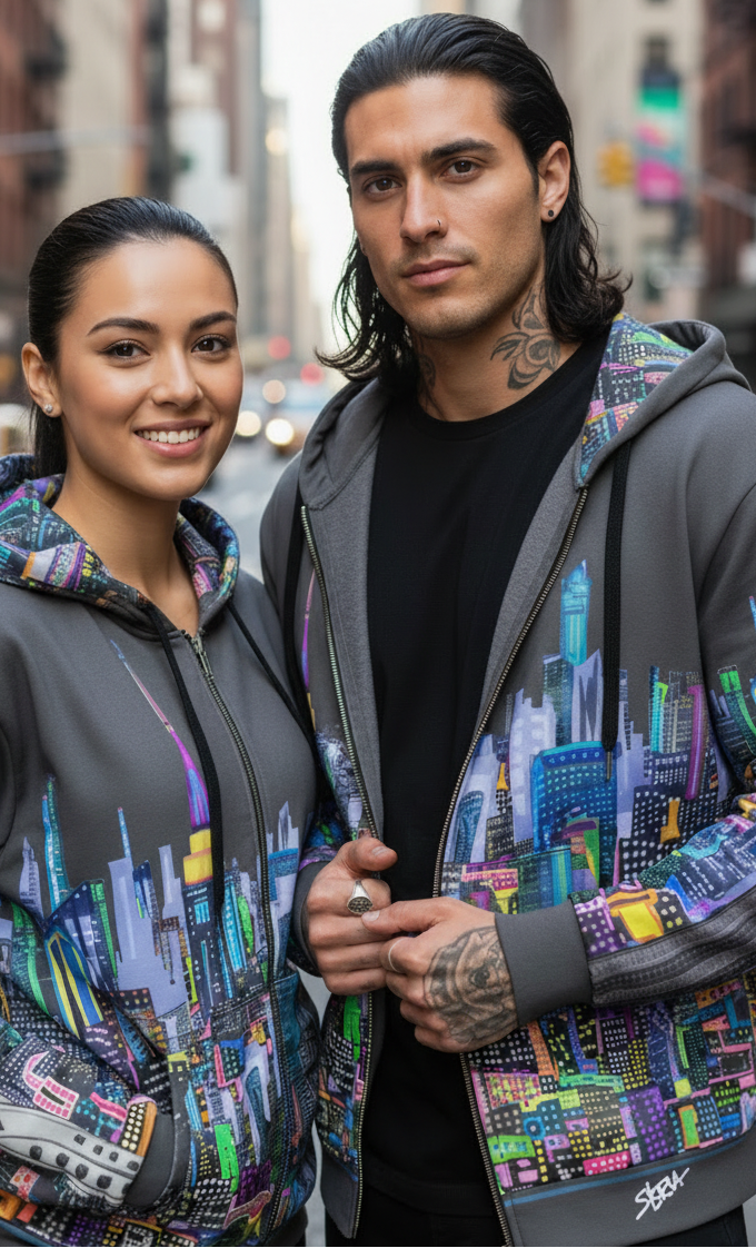 Two people wearing colorful Loria NYC Art hoodies with cityscape design on a city street.
