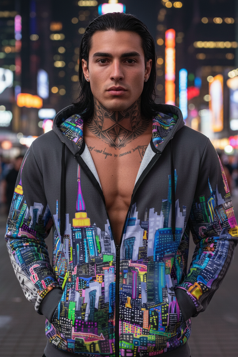 Man wearing a colorful Loria NYC Art hoodie with cityscape design against a blurred city night background