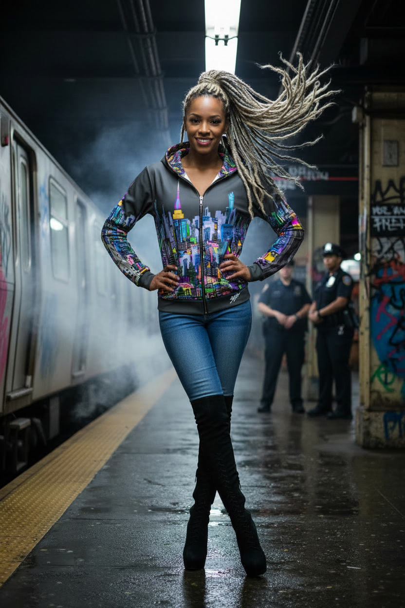 Woman in a colorful Loria NYC Art hoodie standing on a subway platform with a train in the background