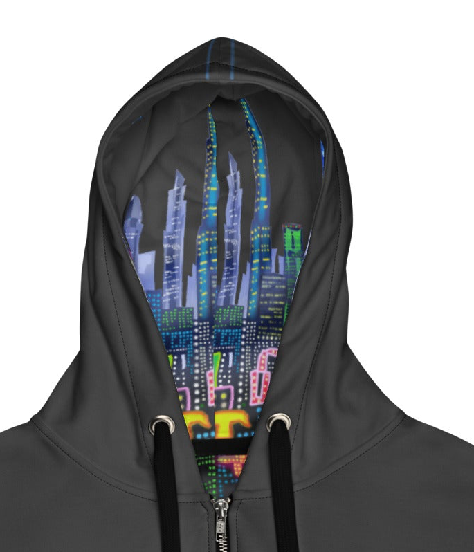 Black hoodie with a Loria NYC Art colorful cityscape design on the front