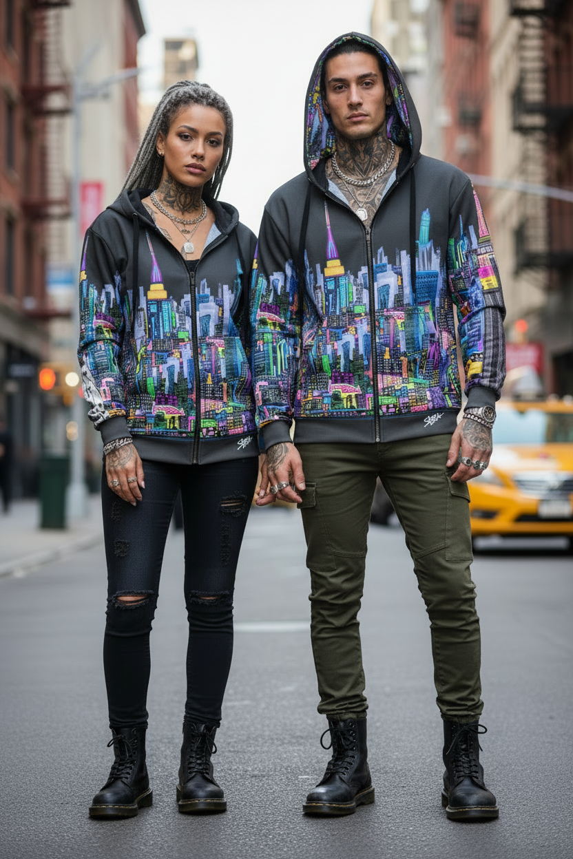 Two people wearing matching Loria NYC Art colorful hoodie and pants standing on a city street.