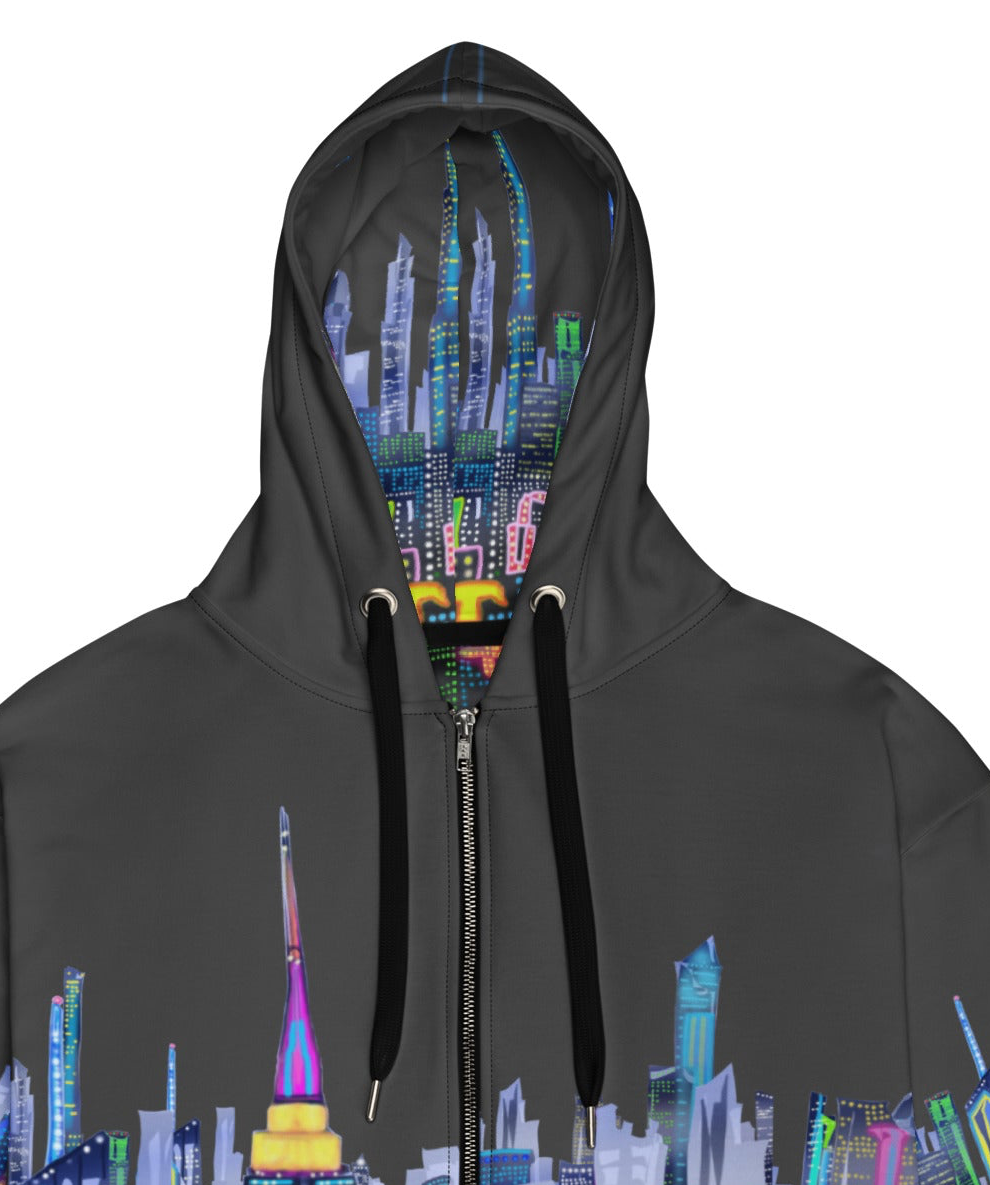 Hoodie with a colorful cityscape Loria NYC Art design on a white background