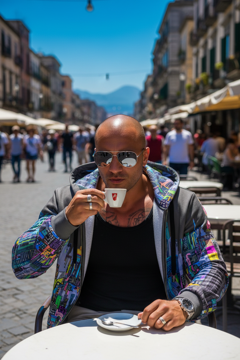 Man wearing a Loria NYC Art drinking coffee outdoors in a bustling street setting