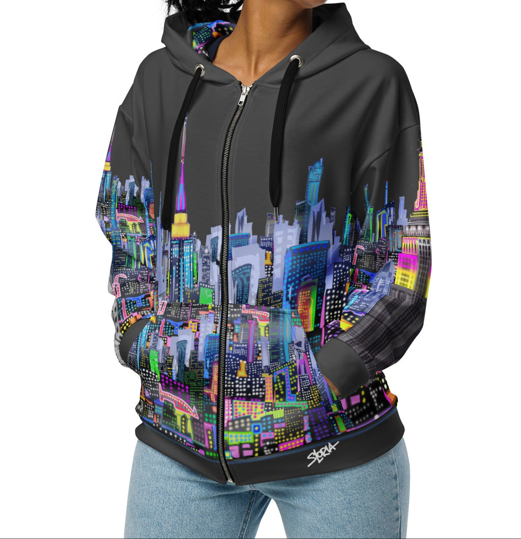 Hoodie with colorful cityscape Loria NYC Art design on a white background