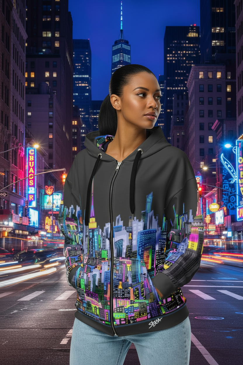 Person wearing a colorful cityscape Loria NYC Art hoodie with a city street background at night.