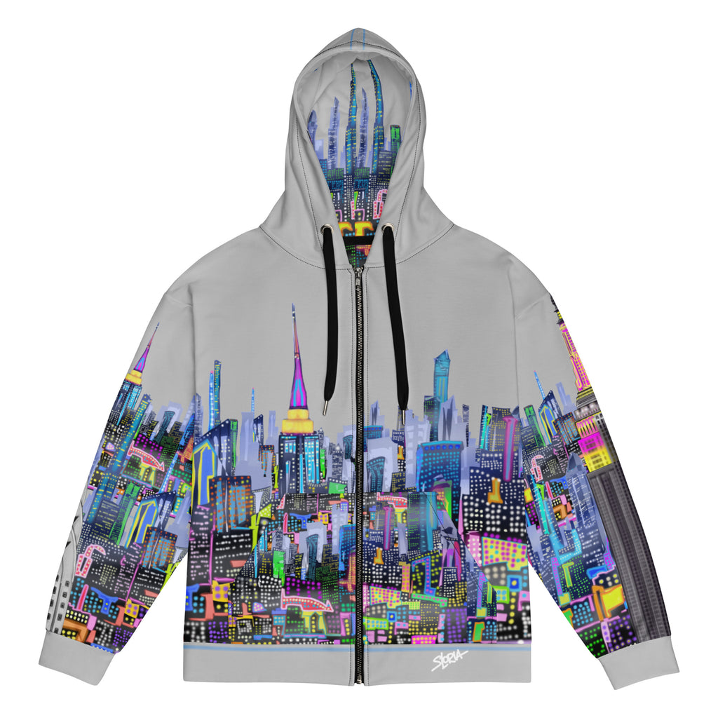 Hoodie with colorful cityscape Loria NYC Art design on a white background