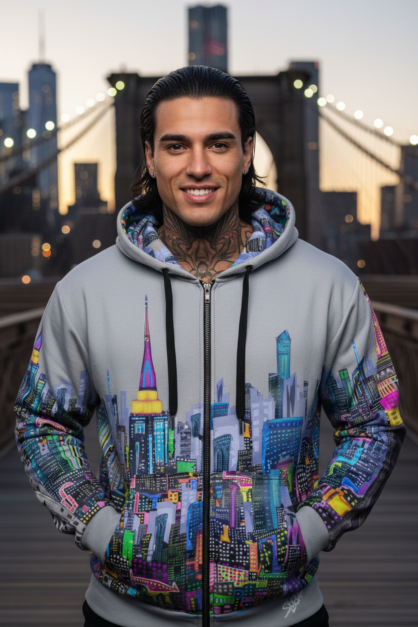 Person wearing a hoodie with a cityscape Loria NYC Art design in front of a bridge at dusk.