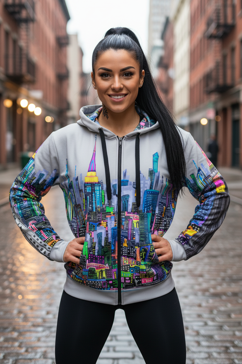Woman wearing a colorful Loria NYC Art cityscape hoodie on a city street.