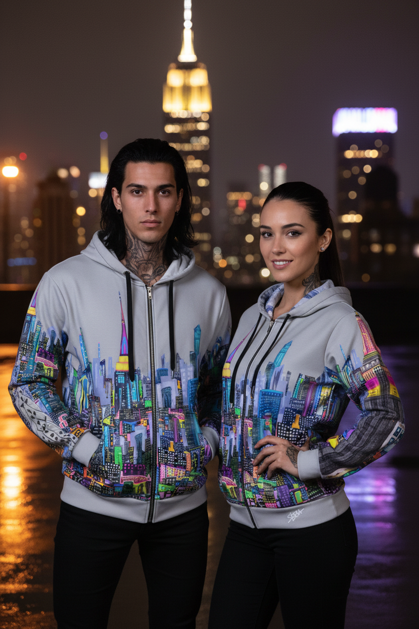 Two people wearing colorful Loria NYC Art hoodies with a cityscape design against a night-time city skyline.