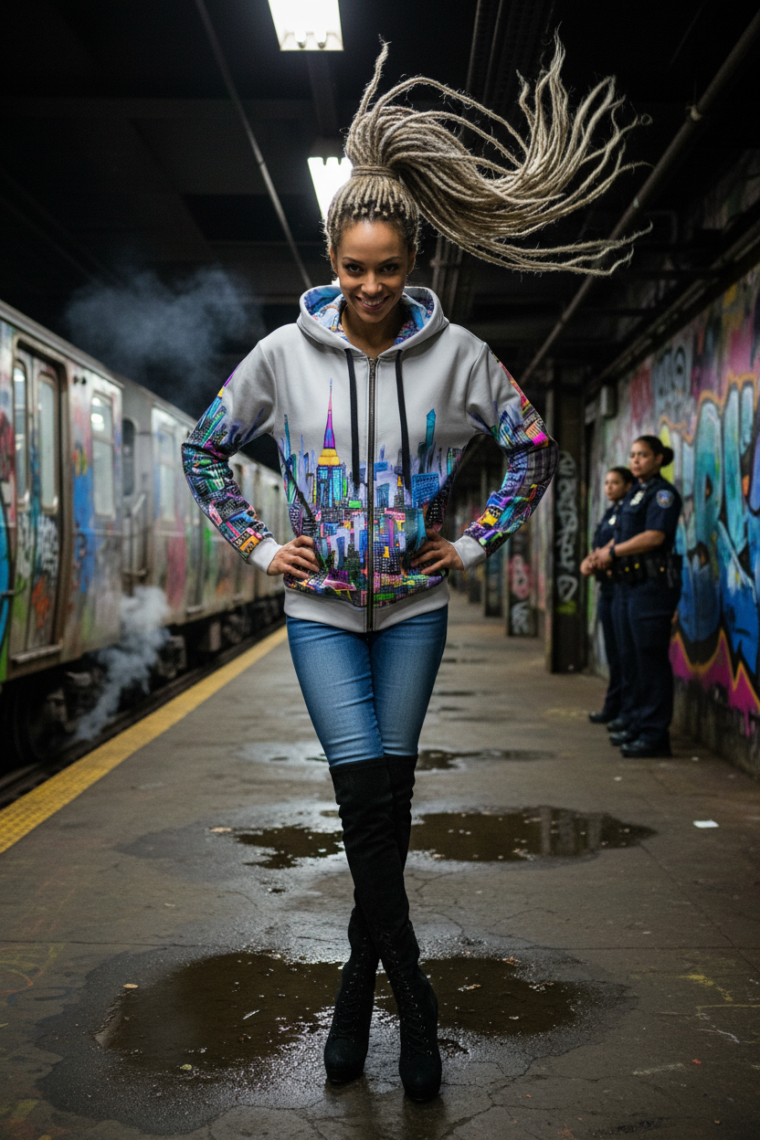 Person wearing a colorful Loria NYC Art hoodie with a cityscape design in a subway station.