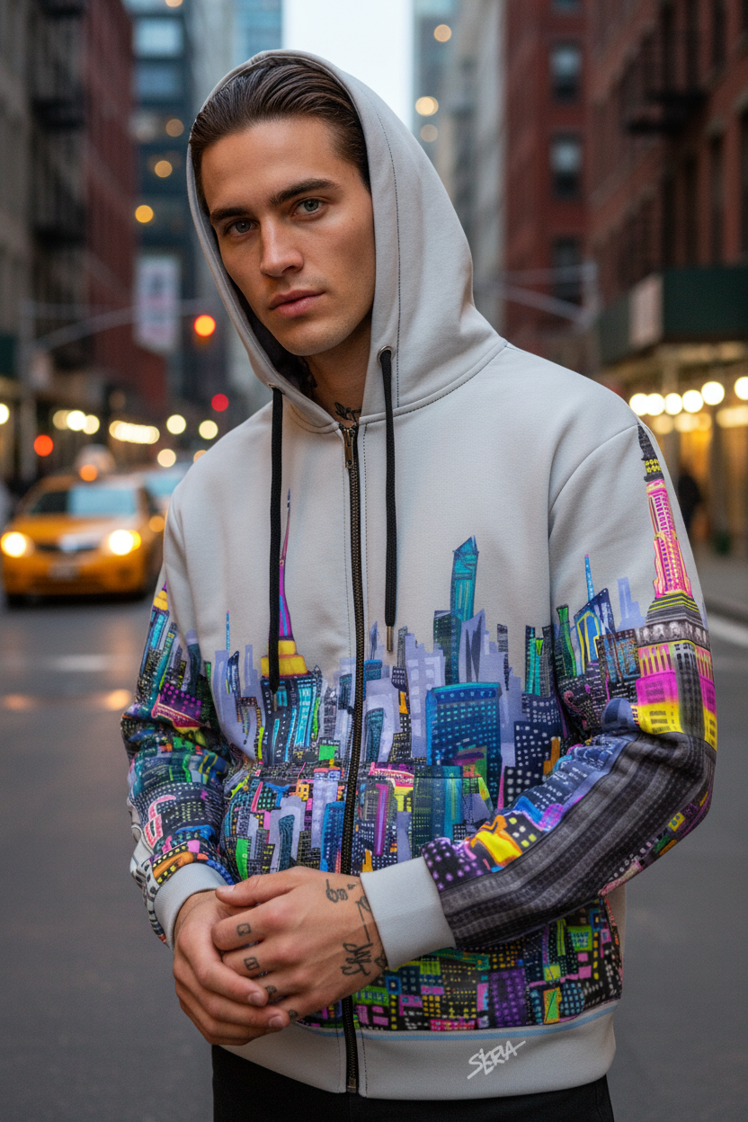 Person wearing a hoodie with a colorful cityscape Loria NYC Art design on a city street.