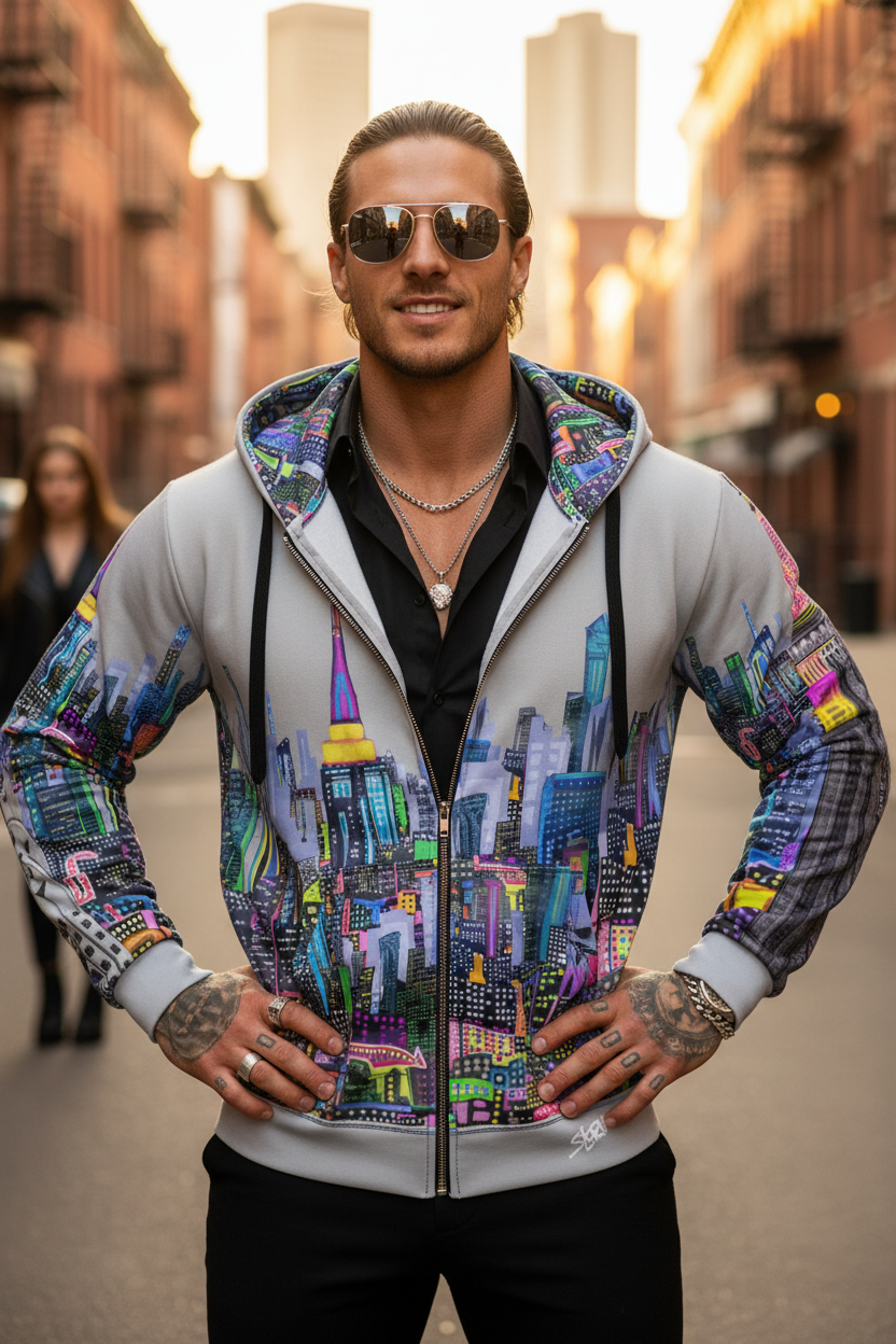 Man wearing a colorful cityscape Loria NYC Art hoodie on a street