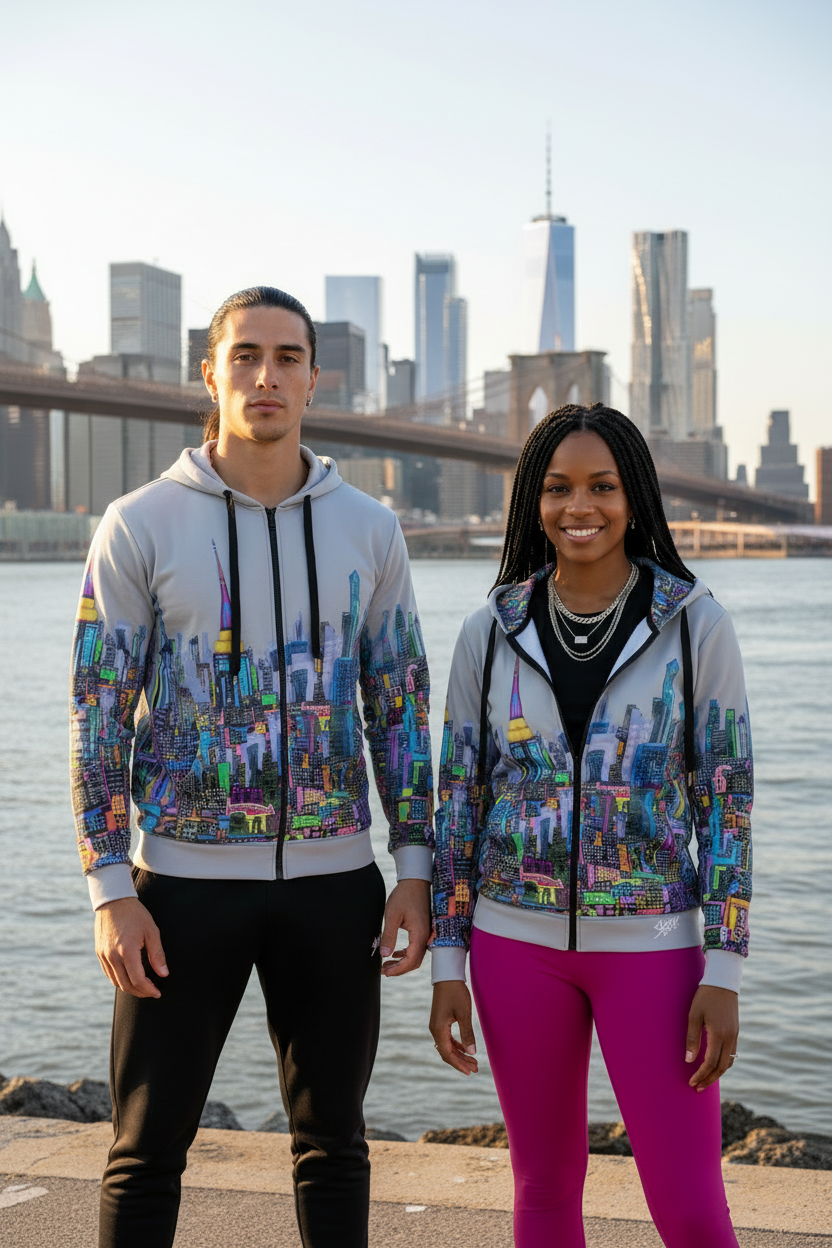 Two people wearing colorful hoodies with a cityscape Loria NYC Art design, standing by a waterfront with a bridge and skyline in the background.