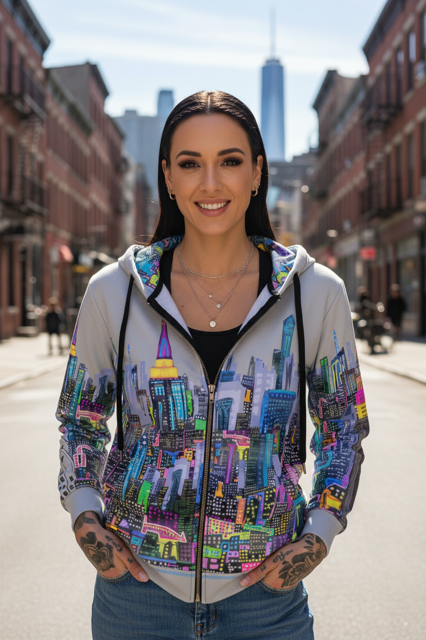 Woman wearing a Loria NYC Art colorful hoodie with cityscape design on a street.