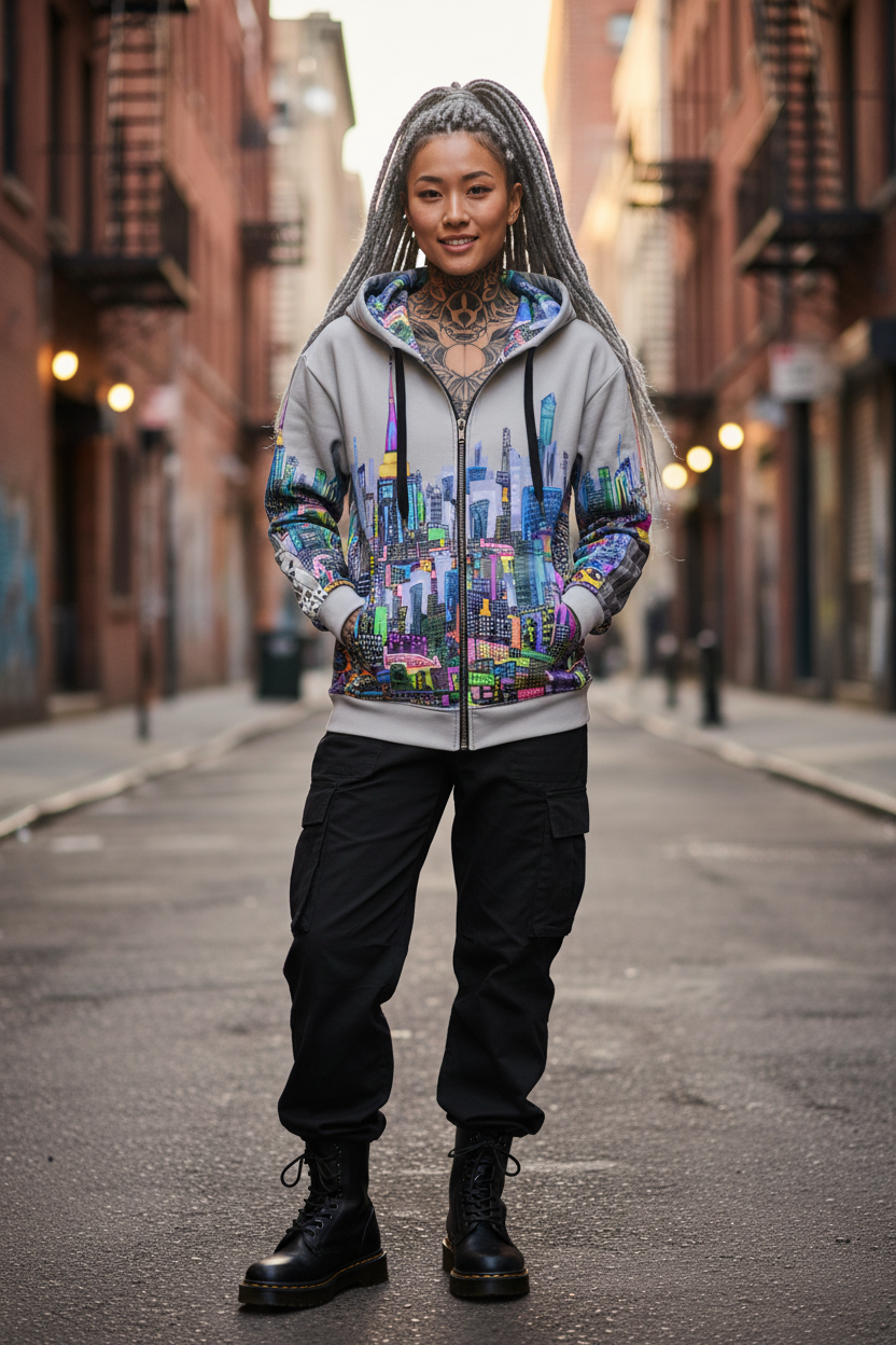 Person wearing a colorful jacket with a cityscape Loria NYC Art design on a street.
