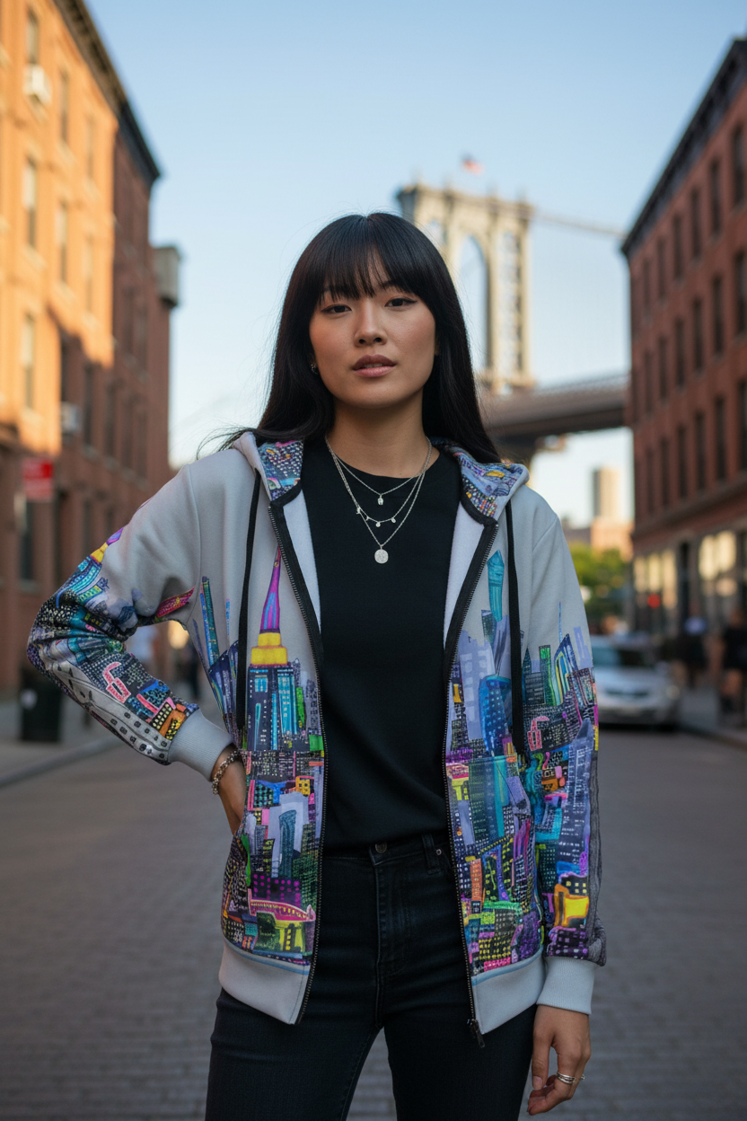 Person wearing a colorful jacket with Loria NYC Art cityscape design on a street.